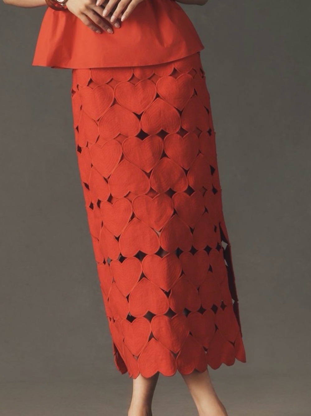 FARM Rio Orange-Red Laser-Cut Maxi Skirt